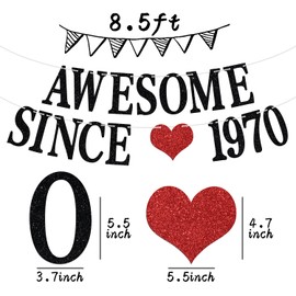 Awesome Since 1970 Banner, Cheers to 55 Years/Hello 55/55 & Fabulous, Happy 55th Birthday Party Decorations Supplies, Black Glitter Paper Garlands Sign