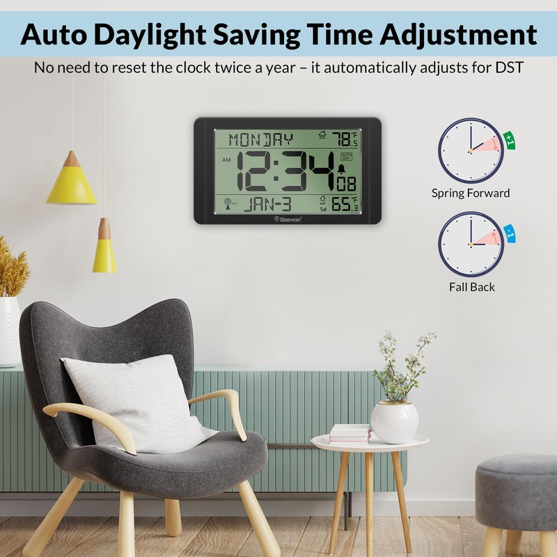Geevon Atomic Clock with Indoor Outdoor Temperature–10.8'' Self-Setting Digital Wall