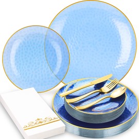 BONSINY Blue Plastic Dinnnerware Set for 25 Guests - Clear Blue Plastic Plates Disposable with Gold Trim - Fancy Disposable Plates for Party Wedding Easter Graduation Patriotic Party