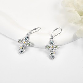 Cross Earrings 925 Sterling Silver Cross Dangle Drop Earring Gifts for Women sunflower