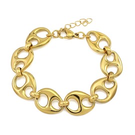 Waterproof 18K Gold Plated Stainless Steel Chunky Chain Big Pig Nose Oval Link Chain Necklace Bracelet Earring Set (gold bracelet)