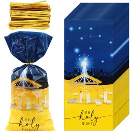 100 Pack Holy Nativity Cellophane Gift Bag, 4 Designs Religious Christmas Plastic Treat Bag Xmas Nativity Cello Goody Bags with Ties for Holy Nativity Religious Christmas Party