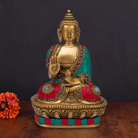 ARTVARKO Buddha Statue Blessing Brass with Multicolor Stone Handwork Home Décor Entrance Office Table Living Room Meditation Luck Gift Feng Shui Height 7 Inch Standard Multicolour