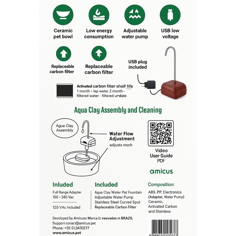 AMICUS - Aqua Clay Basic -Cat Water Fountain - Dogs&Cats&Pets&Small