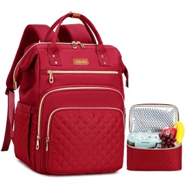 AIJIEKE Lunch Backpack for Women, 15.6 inch Laptop Backpack with Insulated Cooler Lunch Bag Set for Lunch Box Work Backpack for Travel Nurse Teacher, Red