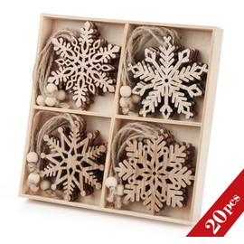 20 Pieces Wooden Snowflakes in 4 Designs (5 Pieces per Design) Christmas Tree Decoration Pendants Made of Natural Wood with Jute Cord, Wood Crafts