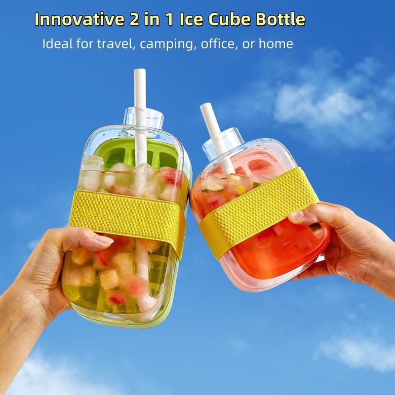 Ice Cube Bottle with Straw,2 in 1 Water Bottle Ice