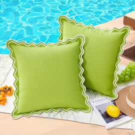 JOJOGOGO 18x18 Sage Green Scalloped Outdoor Throw Pillow Covers Waterproof & Sunproof Set of 2, Embroidered Green Preppy Boho Decorative Outdoor Throw Pillows for Front Porch & Patio Furniture Decor