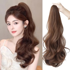 Sheepyo Ponytail Wig Clip, Long Curly Hair Extensions, Ponytail Hair Extensions, Ponytail Wig, Point Wig, Hair Extensions, Curl, Length 50cm, 4 Color Options (Light Brown)