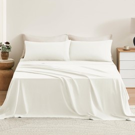 TOSMO Pure Linen Sheets Set, 100% French Natural Linen Flax Bedding 4pc Set (1 Flat Sheet, 1 Fitted Sheet,2 Pillowcase) - Full, Off White