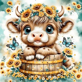 LWZAYS Highland Cow Diamond Art Kits for Adults, Cartoon Cow Diamond Painting Kits for Adults Beginner, Sunflower Animal DIY Full Drill Diamond Dots Art for Home Wall Decor and Gifts 14x14 Inch