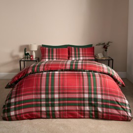 OHS Double Duvet Set, Super Soft Cosy Warm Luxurious Festive Red Tartan Checkered Pattern Traditional Christmas Bedding Reversible Double Duvet Cover & Pillowcases