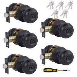 Lanwandeng (5 Pack) Entry Door Knobs with Lock and Keyed Alike, Interior/Exterior Flat Ball Door Locks for Bedroom/Bathroom/Front/Offic Doors, Matte Black Finish