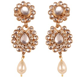 NEW! Touchstone "Contemporary Kundan Collection" Indian Bollywood Mughal Inspired Traditional Kundan Polki Look Faux Pearls Hangings Designer Jewelry Chandelier Earrings Gold Tone For Women.