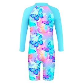 HUAANIUE Girls UPF 50+ UV One Piece Swimwear Kids Bodysuit Beachwear with Ziper Surfing Pink Swimming Children Bathing Costume 4-11 Years(AALightBlueButterfly,164/170)