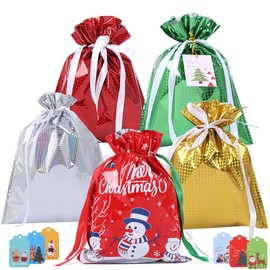 5 Pcs Christmas Ribbon Gift Bags, 24CM*32CM Drawstring Xmas Gift Bags, Large Medium Small Christmas Bags for Presents with Xmas Cards for Party, Holiday, Birthday and Christmas Decorations