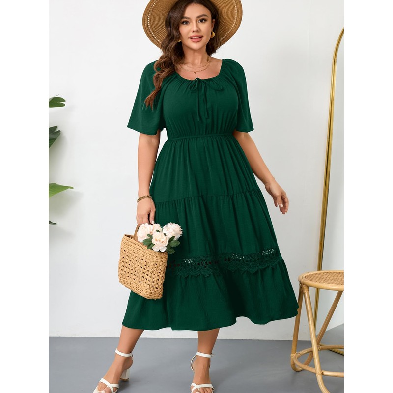 RWJ Women's Plus Size Maxi Dress Short Sleeve Square Neck