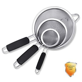 3 Pack Stainless Steel 18/8 Extra Fine Double Mesh Strainers, Large, Medium & Small Sifters with Comfortable & Non Slip Handles, Ideal for Pasta, Rice, Tea, Spaghetti, Quinoa, Baking