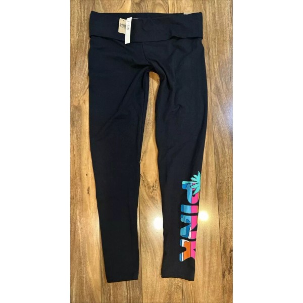 Victoria's Secret Pink Foldover Full Length Cotton Legging Black Tropical