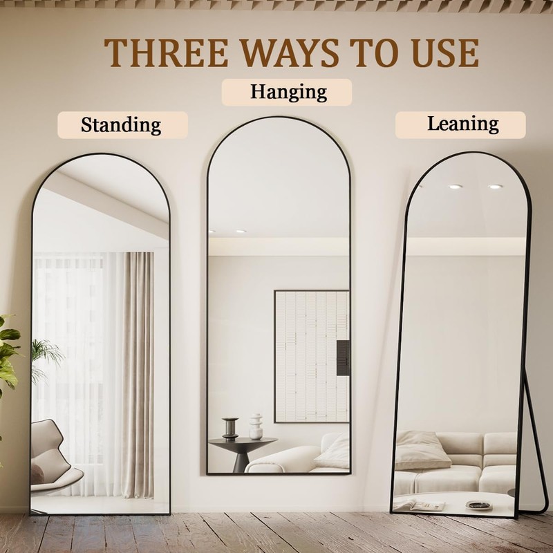 Koonmi Arched Full Length Mirror, 65"x24" Arched Black Floor Mirror,