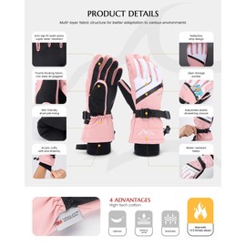 Caracaleap Ski Gloves Men Women Snow Gloves Windproof Winter Waterproof Gloves Snowboarding Pink L