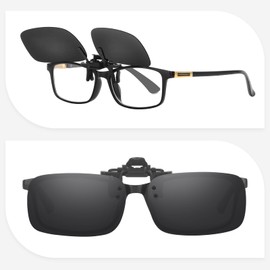 Uaclcau Sunglasses, Clip-on Bib Clip, Flip-up Type, Attaches Over Your Glasses, UV Protection, Ultra Lightweight, Polarized, For Driving, Men's, Women's, Sports, Black