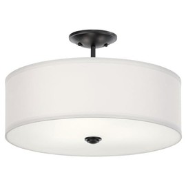 Kichler, Shailene 18.25" 3 Light Round Semi Flush with Satin Etched White Diffuser and White Microfiber Shade in Black, 43692BK
