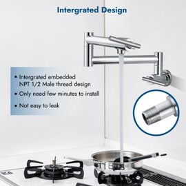 Cinwiny Pot Filler Wall Mounted Polish Chrome Kitchen Sink Faucet Stainless Steel Single Hole Double Handle Stretchable Commercial Faucet with Folding Double Joint Swing Arm