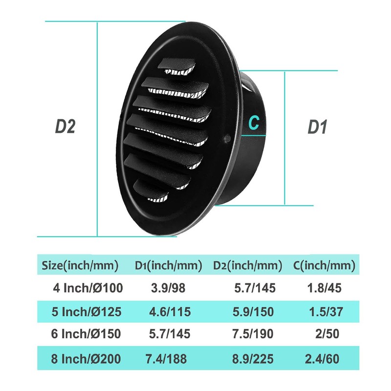 6 Inch Stainless Steel Air Vents, Black Louvered Grille Round