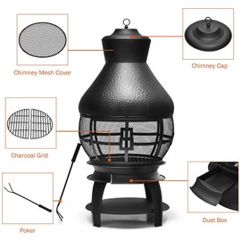S AFSTAR Outdoor Cast Iron Chimenea, Fireplace Wooden Chiminea Fire Pit w/Fire Poker, 360°Fire Retardant Mesh Cover, Patio Wood Burning Chiminea