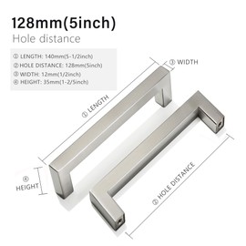 Redunest Cabinet Pulls Brushed Nickel Cabinet Handles Square Drawer Pulls, 2 Pack 5 Inch Stainless Steel Kitchen Door Cupboard Cabinet Handles, Cabinet Hardware Drawer Handles, 128mm Hole Centers
