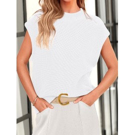 PRETTYGARDEN Womens Mock Neck Sleeveless Sweater Vest 2024 Casual Fall Short Cap Sleeve Knit Ribbed Pullover Tank Tops(White,Small)