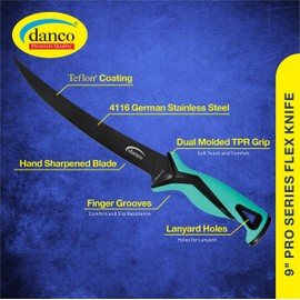 danco Pro Series 9" Fillet Knife | Full Tang German G4116 Stainless-Steel Blades with Teflon Coating, Molded Nylon Sheath, Perfect for Saltwater Fishing & Hunting