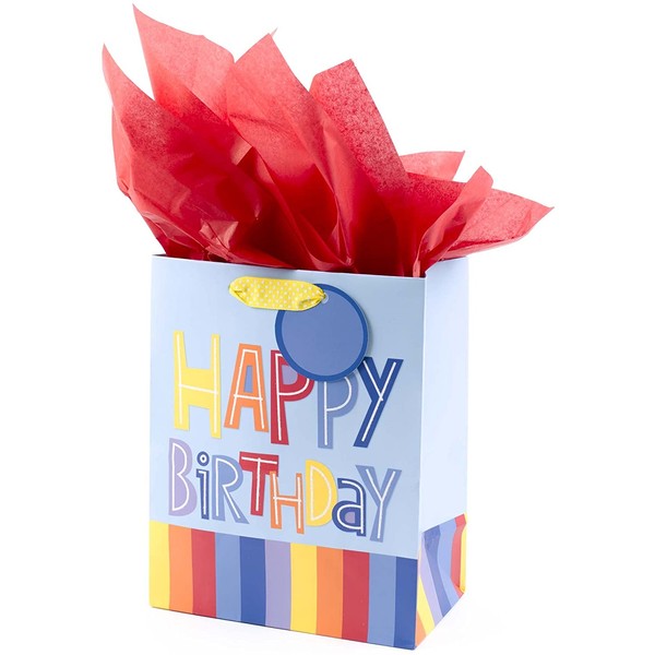 Hallmark 9" Medium Gift Bag with Tissue Paper (Happy Birthday, Rainbow Stripes on Light Blue)