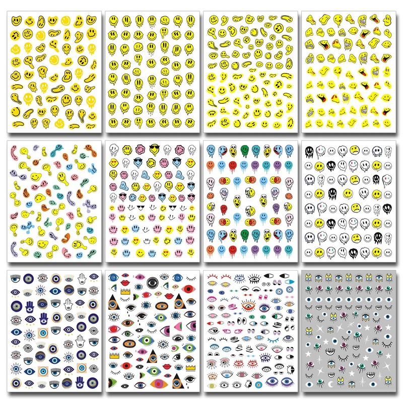 IDDFEVE 12 Sheets Abstract Smiling Face & Evil Eye Nail
