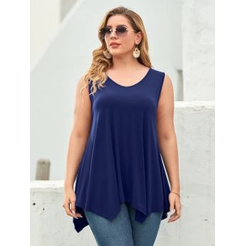 LARACE Plus Size Tank Tops for Women V Neck T Shirts Summer Sleeveless Tunic Tops Loose Fit Flowy Blouse(2X,Navy Blue)