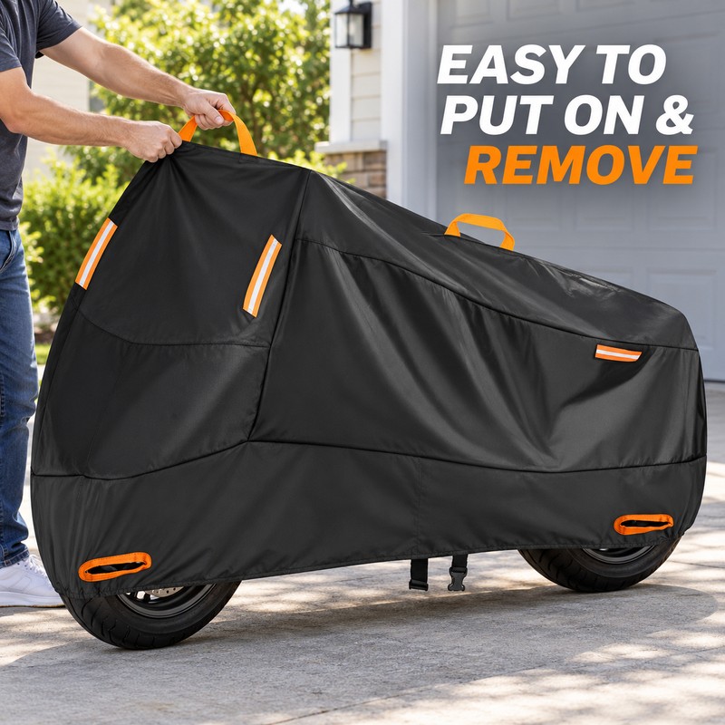 420D Heavy Duty Waterproof Motorcycle Cover, Black All Weather Outdoor