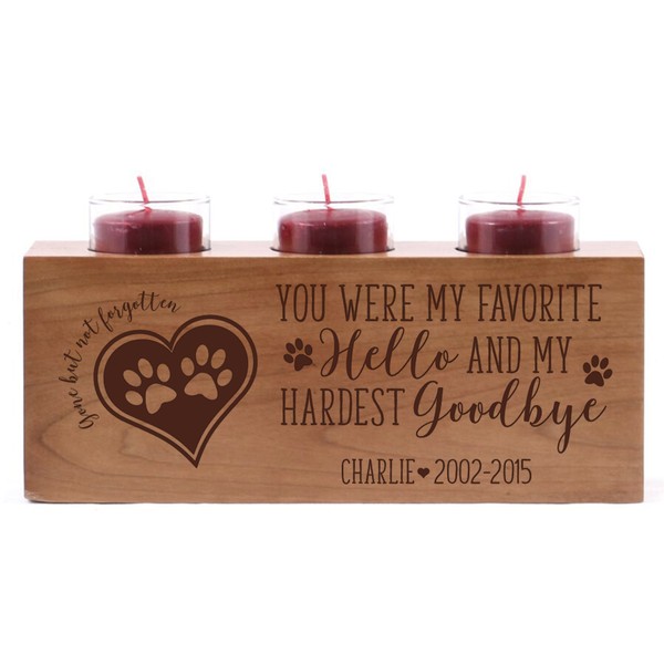 LifeSong Milestones Personalized Pet Memorial Sympathy Funeral Candle Holder Custom Engraved pet Bereavement Loss Home Decoration Cherry Wood for for Beloved pet 10" L x 4" H (You were My Favorite)