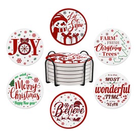 Christmas Coasters Set of 6, Round Ceramic Xmas Coasters with Cork Base and Metal Holder, Non-Slip Tabletop Protection Mat for Mugs Cups Coaster