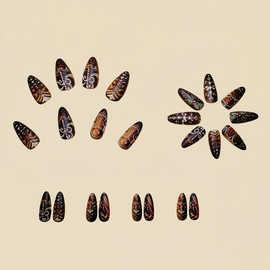 24 Pcs Christmas Press on Nails Brown Almond Shape Fake Nails Medium Length Glue on Nails Gingerbread Man and Fruit Designs Full Cover Acrylic Artificial Nails Xmas Stick on Nails Kit for Women