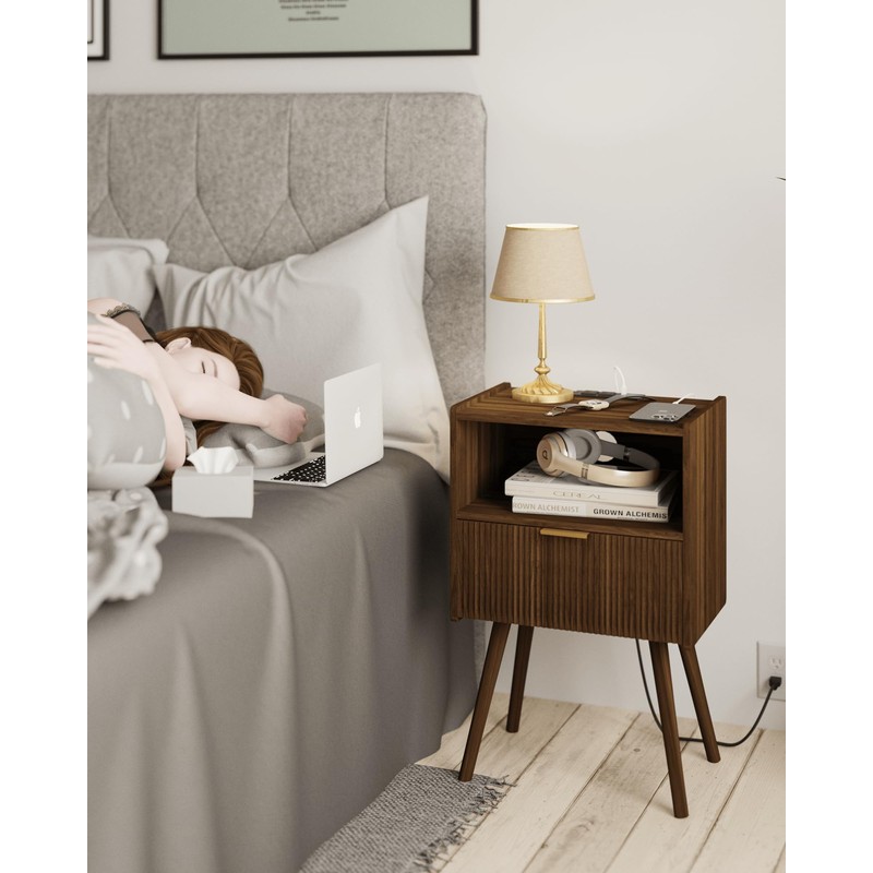 JOONEE Nightstand with Outlet,Modern Bedside Table with Storage Drawer and