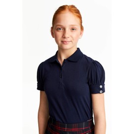 French Toast girls Puff Sleeve Double Button Polo, Navy, Small/6/6x