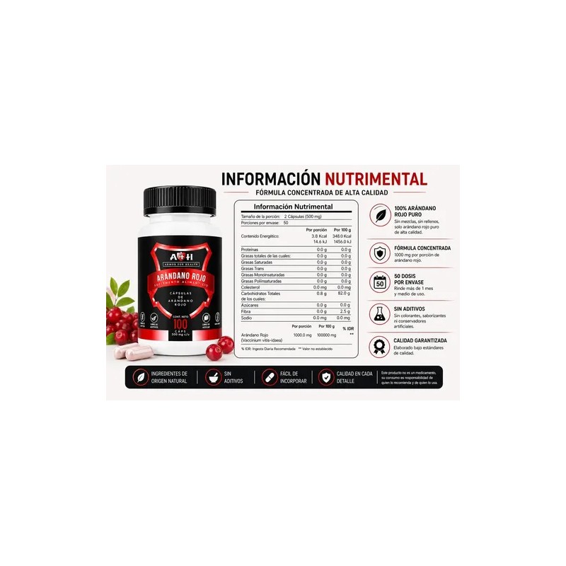 Suplemento Arándanos Rojos Armor For Health 100 Cápsulas 500mg