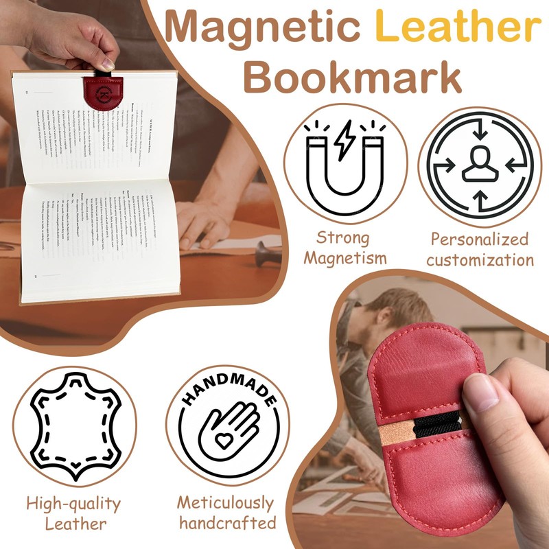 MOTEERLLU Leather Magnetic Bookmark with Pen Holder - Initial Pattern
