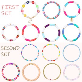 Yaomiao 28 Pcs 4 Set Preppy Jewelry Bracelets for Women Clay Bead Colorful Surfer Heishi Friendship Bracelet Set Stackable Beaded Stretch Jewelry Boho Y2k for Women Summer Beach Party favor