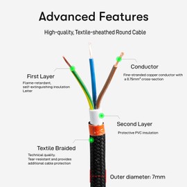 10 Meters 3 Core Black Vintage Fabric Braided Lighting Cable 0.75mm Braided Flexible Electric Wire for UK Lighting and Other Appliances