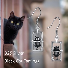 Black Cat Earrings 925 Sterling Silver Black Cat Dangle Drop Earrings Jewelry Cat Gifts for Women Mother Wife