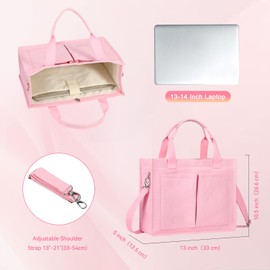 Voova Large Canvas Tote Bag for Women, Ladies Work Bags with 13-14” Laptop Compartment & Shoulder Strap, Shoulder Bag Handbag Totes for School Work Travel, Pink