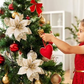 BESPORTBLE 12pcs Christmas Poinsettia Flowers Artificial Glitter Christmas Tree Ornaments (Golden)