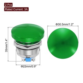 MECCANIXITY 2PCS 3A 22MM 7/8" Momentary Mushroom Head Push Button Switch 12V 24V 120V 250V AC Green 1NO Waterproof IP65 SPST Self-resetting Domed Round 2 Screw Foot Button